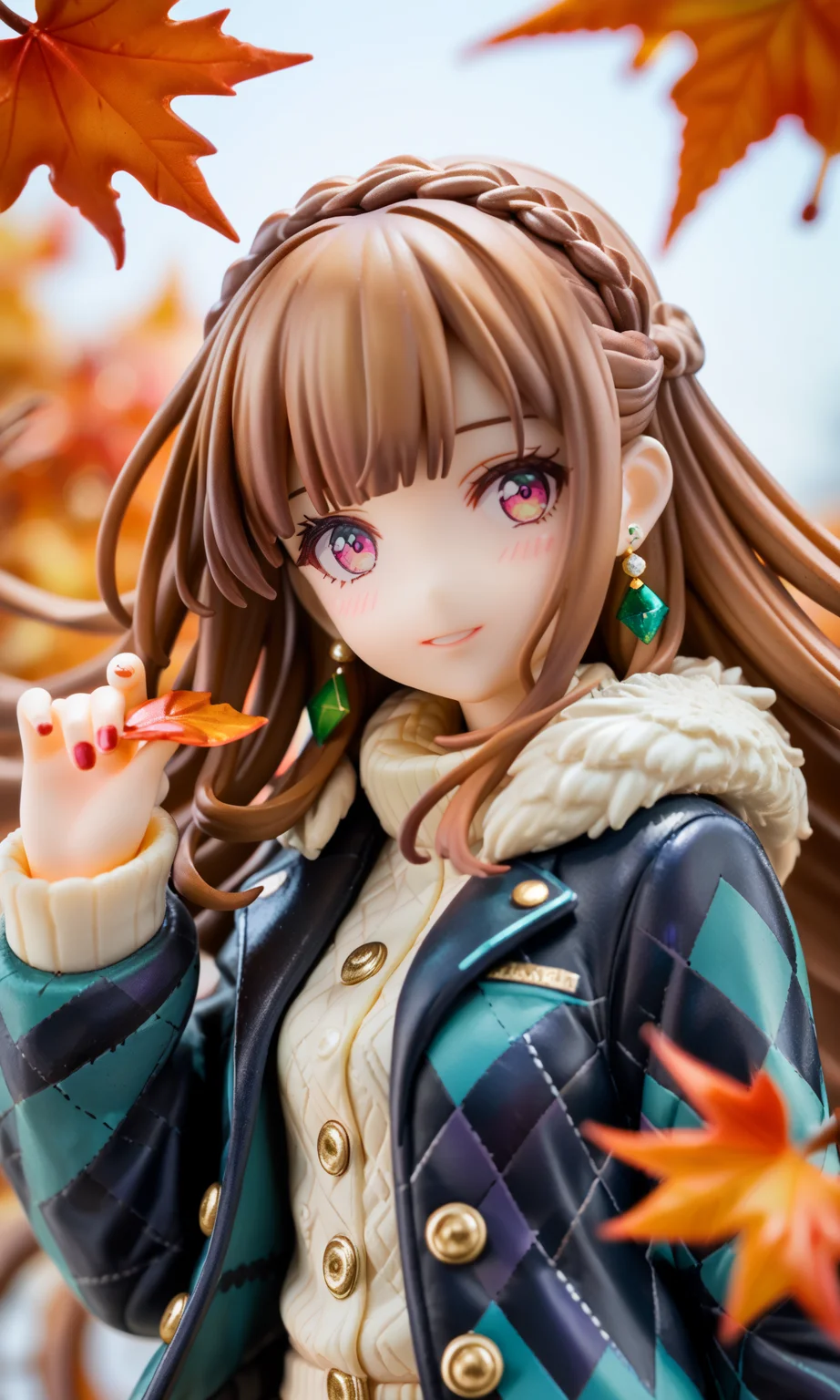 1girl,original,argyle clothes,argyle jacket,black jacket,blush,braid,brown hair,close-up,earrings,green eyes,head tilt,holding,holding leaf,jacket,jewelry,leaf,leaf earrings,looking at viewer,maple leaf,red nails,solo,fur trim,nail polish,gem,long sleeves,blunt bangs,light smile,multicolored eyes,parted lips,sidelocks,upper body,single braid,wind,straight hair,floating hair,pink eyes,autumn,eyelashes,from side,fur-trimmed jacket,long hair,glint,crown braid,looking to the side,green gemstone,hand up,autumn leaves,fingernails,buttons,light particle,, , score_9,score_8_up,score_7_up,source_anime,photo background,the real background,