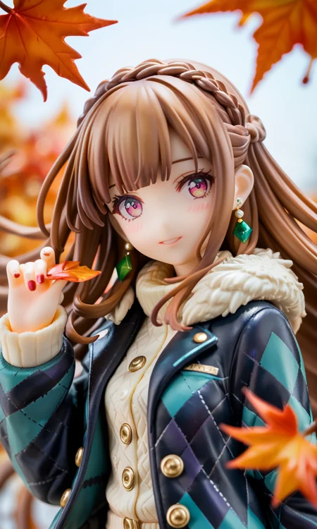 1girl,original,argyle clothes,argyle jacket,black jacket,blush,braid,brown hair,close-up,earrings,green eyes,head tilt,holding,holding leaf,jacket,jewelry,leaf,leaf earrings,looking at viewer,maple leaf,red nails,solo,fur trim,nail polish,gem,long sleeves,blunt bangs,light smile,multicolored eyes,parted lips,sidelocks,upper body,single braid,wind,straight hair,floating hair,pink eyes,autumn,eyelashes,from side,fur-trimmed jacket,long hair,glint,crown braid,looking to the side,green gemstone,hand up,autumn leaves,fingernails,buttons,light particle,, , score_9,score_8_up,score_7_up,source_anime,photo background,the real background,