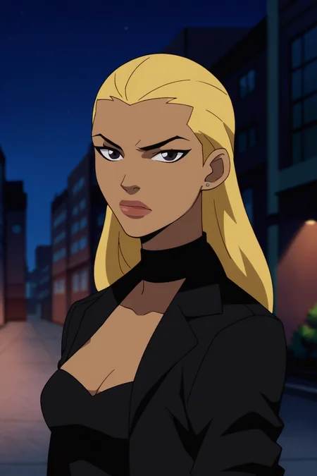 score_9, score_8_up, score_7_up, source_cartoon,<lora:Artemis_PDXL:0.8>, artemis, blonde hair, brown eyes, long hair, big lips, dark skin,medium breasts, leather black coat, black corset, choker, earrings, jewellery, stylish, closed mouth, standing, looking at viewer, annoyed, portrait, face focus, solo, outdoors, at night, blurry background, best quality, high quality