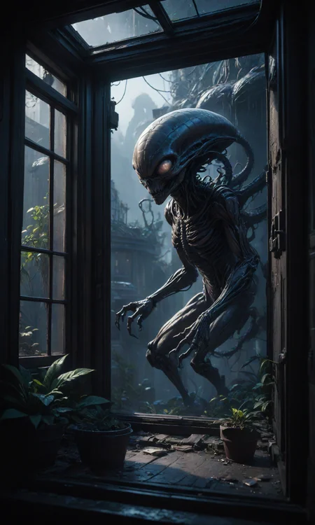 A creature from the void, concept art by Greg Rutkowski, Trending on Artstation, alien world seen through a window in a window. High contrast, depth of field, 8K, hyper detailed. Highly detailed, 3D render. Unreal Engine 5. Fantasy cyberpunk style. Octane Render. Cinematic post-processing. Award winning scene. Beautiful scenery by <lora:Fast:0.69>