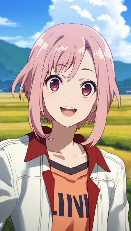 score_9,score_8_up,score_7_up,
<lora:yoshinokoharu:0.9>,
yoshinokoharu,
1girl,solo,pink hair,short hair,bangs,red eyes,looking at viewer,open smile,white jacket,orange tank top,character print on tank top,portrait,head tilt,
outdoors,morning,summer,village in background,rolling hills,fields,blue sky,cloud,