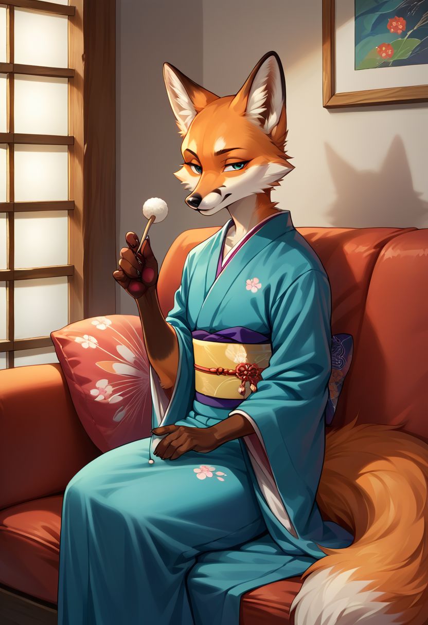 score_9, score_8, score_7, (source_furry, anthro, fox, orange fur)
lap pillow invitation, holding mimikaki,
kimono,
sitting, couch