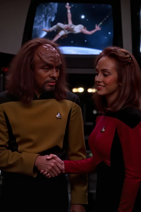A sharp photograph featuring a klingon man with long hair in a yellow TNG uniform with black shoulders shaking hands with a human woman with short brown hair in a red TNG uniform with black shoulders. The man, dressed in the distinctive yellow of the command division, and the woman, wearing the red of the engineering division, are set against a futuristic, starship interior backdrop. The scene is illuminated by the soft, ambient lights of the starship, casting a warm glow on their uniforms. Both individuals exhibit friendly, confident smiles, with their uniforms perfectly detailed and reflecting the sleek, high-tech design of the Star Trek universe. The background features a panoramic view of space through the starshipâs large windows, adding depth and context to the iconic moment of camaraderie and collaboration. (photography, high-resolution, dynamic, energetic,hyper-realistic, dramatic lighting, shallow depth of field.), detailmaximizer, MythP0rt<lora:midjourney_whisper_flux_lora_v01:0.55><lora:aidmaMJ6.1-FLUX-V0.1:0.4><lora:FluxMythP0rtr4itStyle:0.4><lora:detailed_flux_ntc:2.2><lora:aidmaImageUpgrader-FLUX-V0.1:0.65><lora:klingon_FLUX:1.1><lora:TNG_FLUX:1.1>