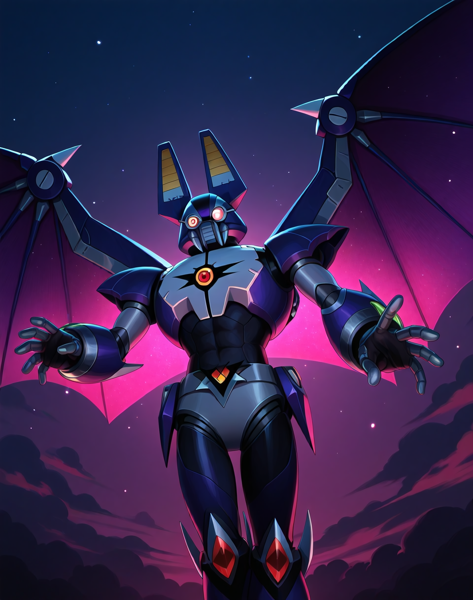 <lora:Dark_Necrobat_(Mega_Man_X)_(Illustrious)_(AD):1> Dark Necrobat, reploid, MMX, 
exterior, night sky with dark clouds,
male focus, intense shadows, dynamic shadows, intricate details, attention to details, gradient coloring, bright vivid colors, robot, abs, bent leg, 
BREAK very awe, masterpiece, best quality, amazing quality, very aesthetic, highres, absurdres, photographic realism, 8K CGI render, 
EZRealPONYXL, zPDXL, Smooth Quality, lazynsfw,