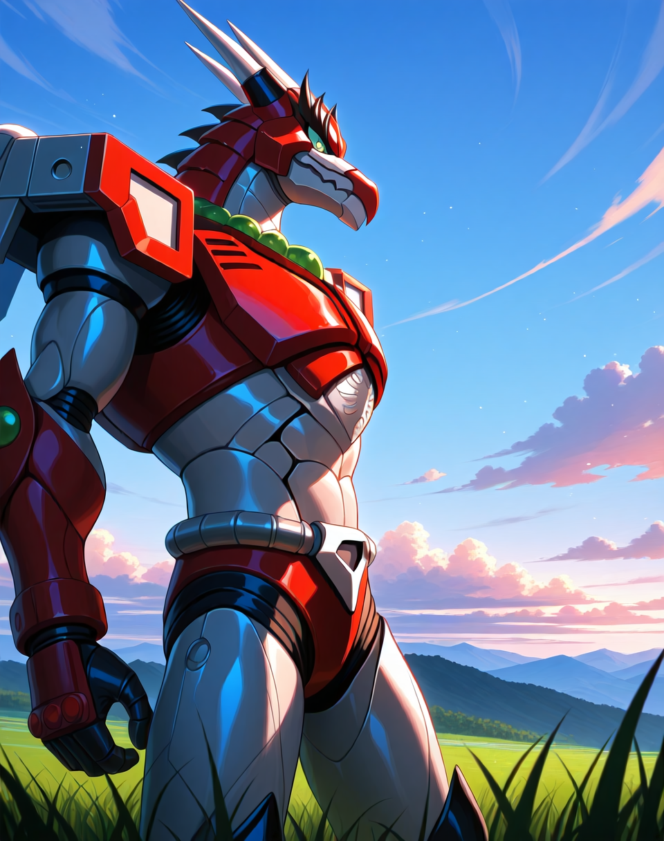 <lora:Magma_Dragoon_(Mega_Man_X)_(Illustrious)_(AD):1> Magma Dragoon, reploid, MMX, 
exterior, sky with clouds, grassy valley,
male focus, intense shadows, dynamic shadows, intricate details, attention to details, gradient coloring, bright vivid colors, robot, bent leg, glossy metal body, dragon, cowboy shot, abs, side view, 
BREAK very awe, masterpiece, best quality, amazing quality, very aesthetic, highres, absurdres, photographic realism, 8K CGI render,
EZRealPONYXL, zPDXL, Smooth Quality, lazynsfw,