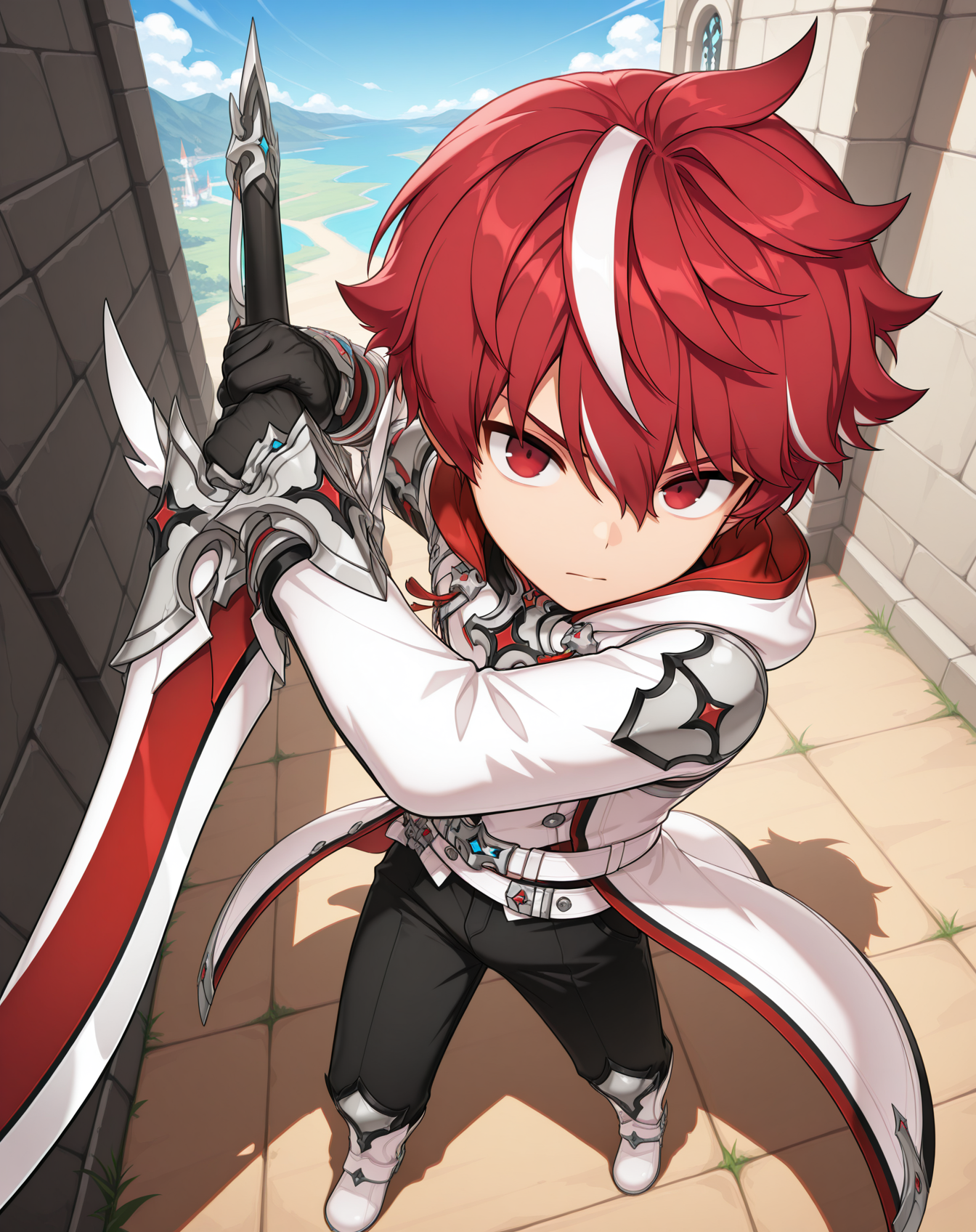 masterpiece, amazing quality, best quality, absurdres, very aesthetic,
1boy, solo, yaoi, male focus, full body, from above, standing, looking at viewer, face focus,
<lora:Elsword_Sacred_Templar_ilxl:1> elswordst, red hair, red eyes, multicolored hair, white hair, streaked hair, two-tone hair,
black gloves, white coat, long sleeves, hood down, black pants, armor, belt, boots, white footwear,
holding weapon, holding sword,
outdoors, day, blue sky,