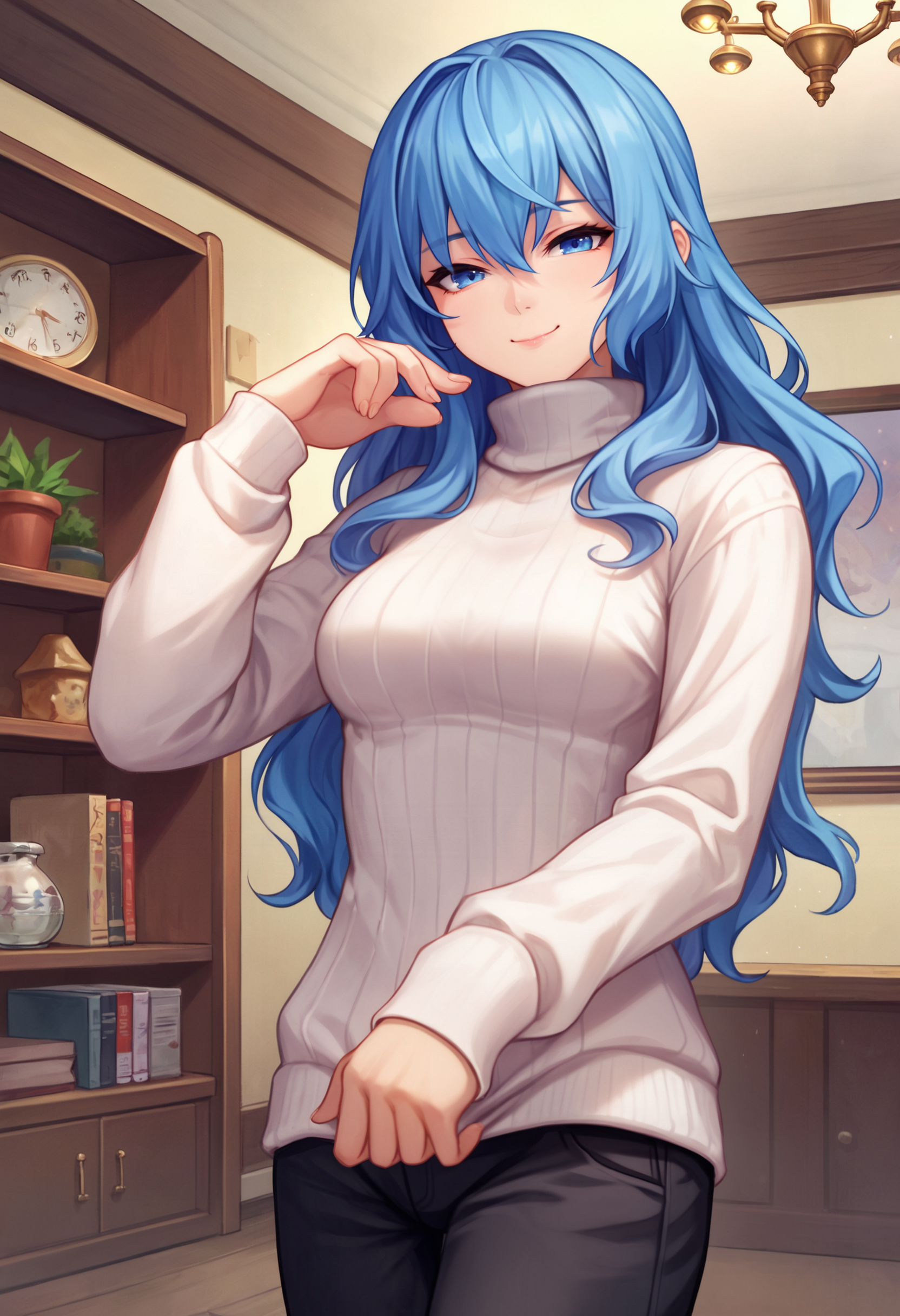 zPDXL, source_anime, BREAK
liselotte, blue hair, sidelocks, blue eyes,
black pants, white sweater, turtleneck sweater, 
closed mouth, naughty face,
cowboy shot, standing,
indoors   <lora:liselotte-ot-pony3-006:0.6>