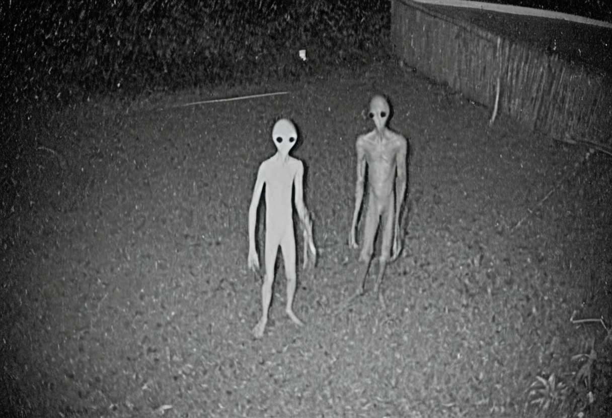 aliencctvlora, black and white nighttime cctv footage of two thin gray aliens skulking around the backyard of a suburban home, (thin bodies:1.2), (big bulbous heads:1.4), tall, long thin arms, thin fingers, long thin necks, (big black eyes:1.4), realistic, grainy cctv, dark footage, dynamic action, candid, olddigitalcamera, raw, light leak, film grain, (jpeg artifacts:0.5), low res