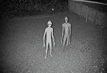 aliencctvlora, black and white nighttime cctv footage of two thin gray aliens skulking around the backyard of a suburban home, (thin bodies:1.2), (big bulbous heads:1.4), tall, long thin arms, thin fingers, long thin necks, (big black eyes:1.4), realistic, grainy cctv, dark footage, dynamic action, candid, olddigitalcamera, raw, light leak, film grain, (jpeg artifacts:0.5), low res