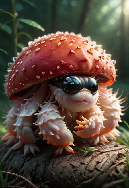 Mix the glowing-mushrooms, lobster and curly fur to create adorable magical ladybug with big glowing eyes, masterpiece, Surrealism, close-up, macro photo, f/1.2, backlighting, Albert Edelfelt, multicolored hair