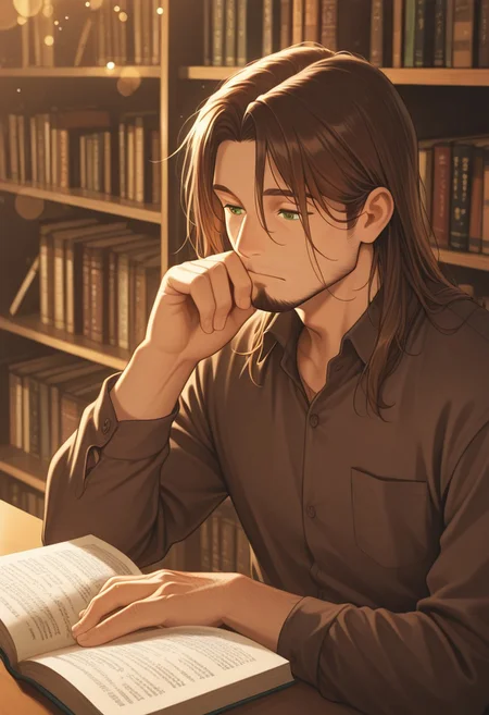 1boy, mbti_infp, mature man, long brown hair, green eyes, in bookstore, reading, bookshelves, soft light, intellectual, thoughtful, cool, stylish, aesthetic, detailed background, highres, masterpiece, best quality, bokeh