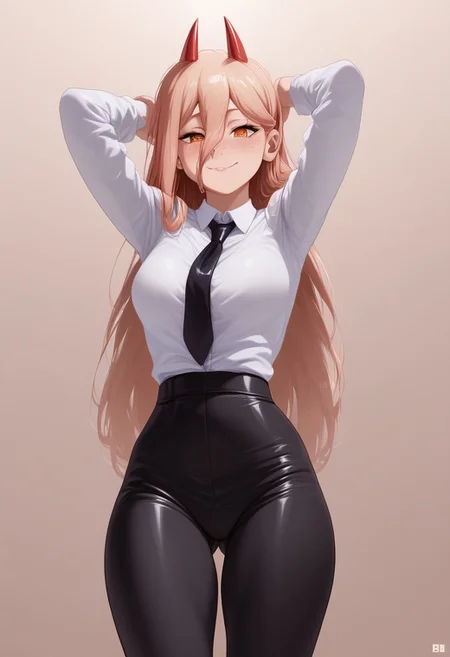 score_9,score_8_up,score_7_up, source_anime, 2.5D, Expressiveh, 1girl, whole face visible, whole body visible,
BREAK,
Power (Chainsaw Man), freckles, yellow eyes, cross-shaped pupils, blonde hair, long hair, red horns
BREAK,
collared shirt, white shirt, black necktie, (black pants),
BREAK,
shiny skin, perfect ass, small ass, medium breasts, perfect breasts, slender figure, short, small waist,
BREAK,
girl looking at viewer, extremely horny, standing, facing camera, arms above head, from below