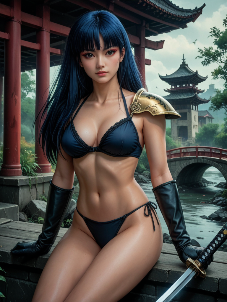 score_9, score_8_up, score_7_up, realistic,  background is green sky, asian temple, wasteland, <lora:Lady_Kayura:.45>,  ladykayura, kayura from ronin warriors is sitting on the edge of a bridge wearing a sheer bikini, shoulder armor, 1girl, retro, blue hair, 1980s (style), bangs, long hair, makeup, gloves, (sword), (katana), japanese, asian, monolid:1.2, boudoir