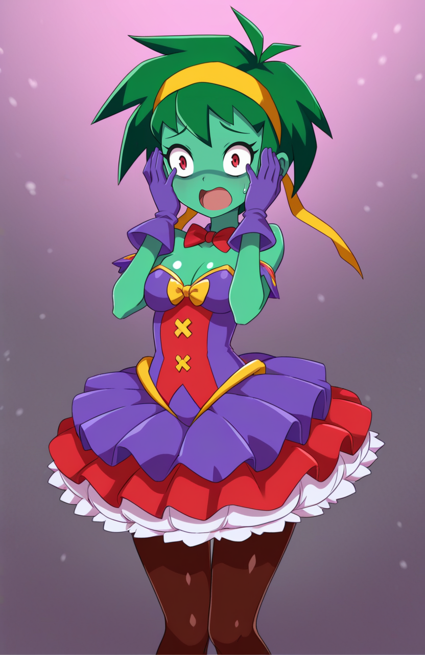 1girl, solo, 
rottytops, green skin, green hair, short hair, red eyes, circus costume, layered tutu, pantyhose, bow tie, gloves, headband,
standing, one hand over face, wide-eyed look, startled, reacting in shock,  <lora:SevenSirens:1> svnsrn, extremely detailed, highres, masterpiece, best quality
