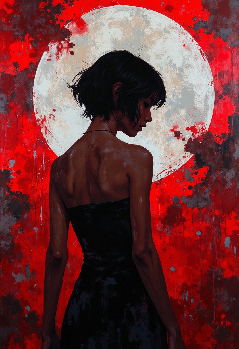 Silhouette of a young woman, possibly 20s, with short dark hair, facing away, in a three-quarter view.  She appears to be nude, wearing a strapless, fitted, dark top/dress.  Her expression is pensive, melancholic, or perhaps withdrawn.  Her pose is contemplative, with her body angled slightly, suggesting introspection.  The backdrop is a vibrant canvas of layered reds, whites, and grays, with a large, partially visible, off-white moon or orb in the background. The red tones are intense and have an almost painterly, textured quality.  The colors are deep and dramatic, creating a moody, atmospheric ambiance.  The woman's form is outlined in dark, almost black tones, contrasted by the background colors.  The texture of the painting is visibly rough, and expressive.  The composition is centered around the woman, who takes up the majority of the frame, in a three-quarter profile pose, with the background drawing the viewer's attention to the interplay of light and shadow.  The style appears to be abstract expressionism,  with a painterly, almost violent, quality to the background.  Strong contrasts and layering of textures are emphasized, creating a sense of drama and intensity.  The overall atmosphere is melancholic, with a touch of dark romance.