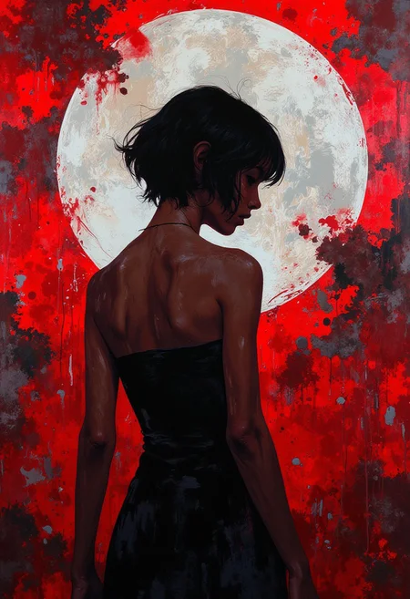 Silhouette of a young woman, possibly 20s, with short dark hair, facing away, in a three-quarter view.  She appears to be nude, wearing a strapless, fitted, dark top/dress.  Her expression is pensive, melancholic, or perhaps withdrawn.  Her pose is contemplative, with her body angled slightly, suggesting introspection.  The backdrop is a vibrant canvas of layered reds, whites, and grays, with a large, partially visible, off-white moon or orb in the background. The red tones are intense and have an almost painterly, textured quality.  The colors are deep and dramatic, creating a moody, atmospheric ambiance.  The woman's form is outlined in dark, almost black tones, contrasted by the background colors.  The texture of the painting is visibly rough, and expressive.  The composition is centered around the woman, who takes up the majority of the frame, in a three-quarter profile pose, with the background drawing the viewer's attention to the interplay of light and shadow.  The style appears to be abstract expressionism,  with a painterly, almost violent, quality to the background.  Strong contrasts and layering of textures are emphasized, creating a sense of drama and intensity.  The overall atmosphere is melancholic, with a touch of dark romance.