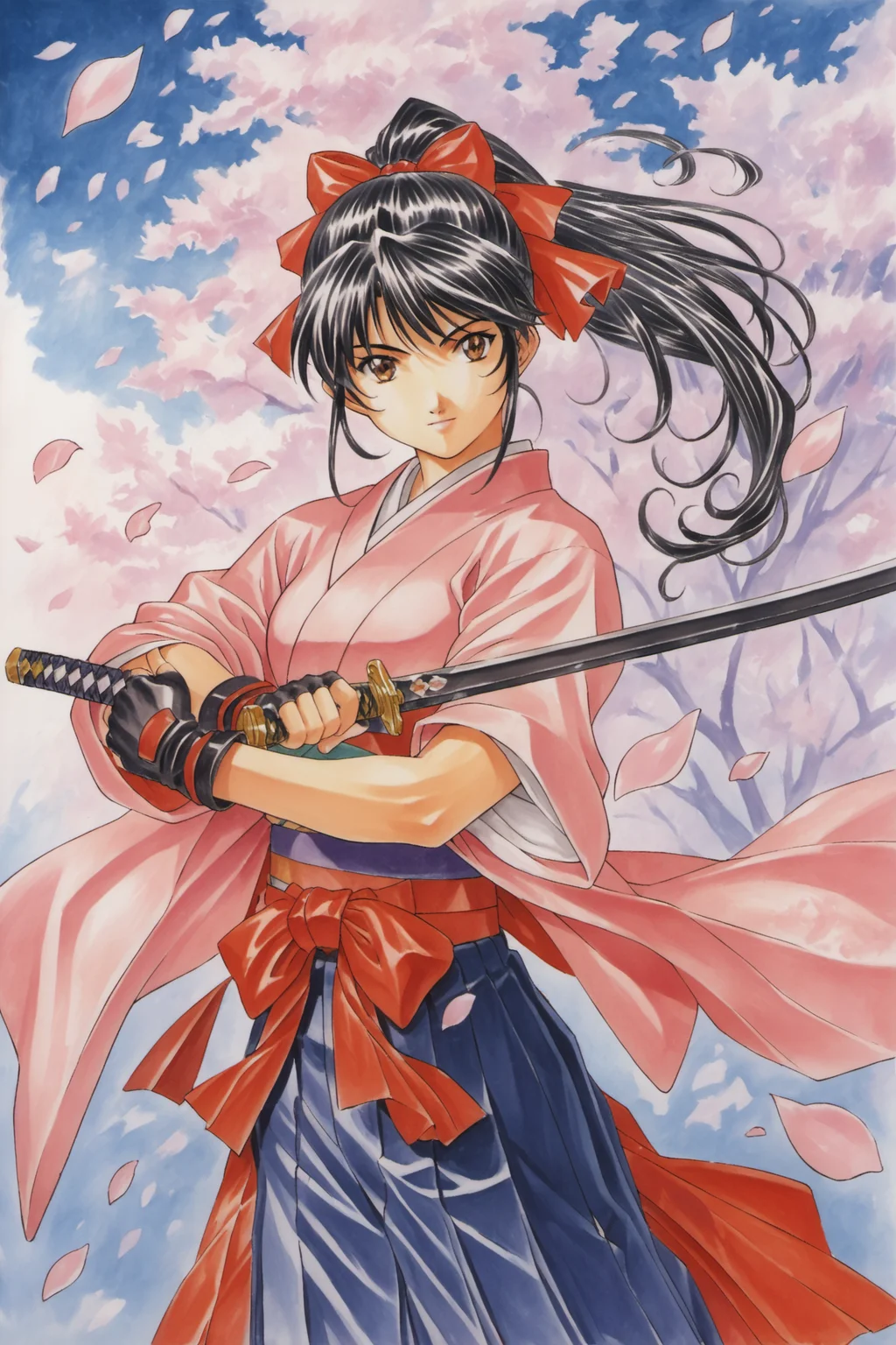 Shinguji Sakura,1girl,weapon,solo,sword,japanese clothes,bow,black hair,red bow,long hair,brown eyes,gloves,petals,fingerless gloves,cherry blossoms,katana,hair bow,ponytail,kimono,hakama,hakama skirt,traditional media,score_9,score_8_up,<lora:Kosuke Fujishima_XL_PONY:0.9>,