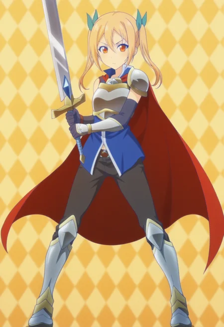 anime screencap, anime coloring, <lora:DX888Akane:1> schwein, orange eyes, blonde hair, long hair, twintails, BREAK hair ribbon, red cape, armor, breastplate, shoulder armor, blue shirt, elbow gloves, black pants, armored boots, BREAK simple background, yellow background,  argyle background, BREAK     holding sword, fighting stance,