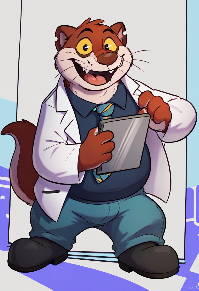 score_9, score_8_up, score_7_up, Mink, Red and white fur, Scientist, Lab coat, striped tie, blue dress shirt, light blue pants, grey shoes, tail, chubby, cartoon, face, furry, male focus, solo, full body, excited eyes, open smile , front view, laboratory background, solo, <lora:EMS-307707-EMS:1.000000> bulge, looking at pov, holding tablet, happy, dutch angle, Yellow Sclera