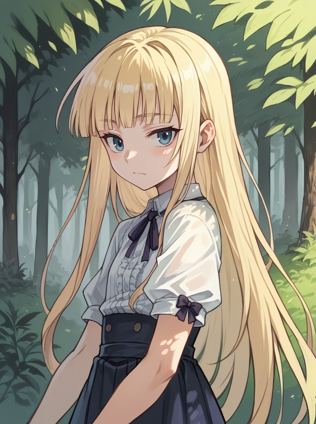 score_9, score_8_up, score_7_up, source_anime, solo, 1girl, evangeline a.k. mcdowell, blonde hair, blunt bangs, __forest__, , , <lora:evangeline_PDXL-000002:1>