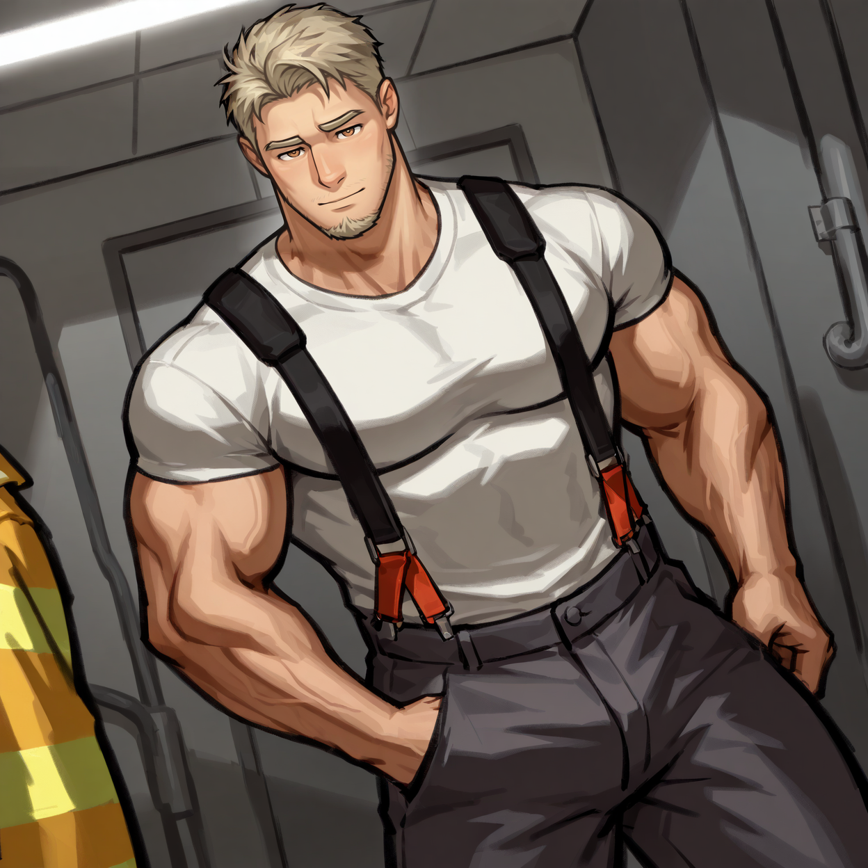 <lora:Humplex_-_Draedev_A.K.A._The_Firefighter:.7>, humplex_firefighter, mature male, blonde hair, thick brows, goatee, stubble mustache, dimple,,fireman coat,, white t shirt,, grey pants, suspenders,
(very short hair, beard, bara, mature, facial hair, stubble), facial hair,male focus, muscular male, muscular male, bara, mature,  bara, mature, dutch angle,
aixiwuganda_(20222192), very awa, masterpiece, best quality, absurdres, newest, perfect quality, detailed background, intricate details,
<lora:slider_Body Type_alpha1.0_rank4_noxattn_last:2><lora:style_Anime Summer Days 2 Style SDXL_LoRA_Pony Diffusion V6 XL:.6><lora:slider_cfg_scale_boost:.7><lora:Artist6p:.55> Artist6p, Artist04p,<lora:slider_il_brightness_slider_d1:-1><lora:slider_il_contrast_slider_d1:-1><lora:slider_DarkSlider1.2_alpha1.0_rank16_full_300steps:-.6>