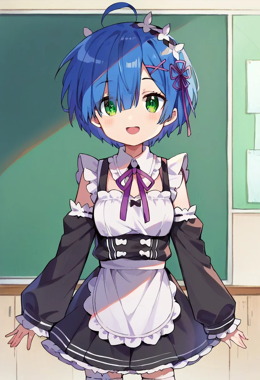 score9, score_8_up, score_7_up, rating_safe, <lora:konata:0.7> Konata Izumi, 1girl, solo, cosplaying as rem, green eyes, blue hair, hair ornament, hair over one eye, hair ribbon, long hair, x hair ornament, smile, mouth open, ahoge,
apron, black ribbon, black skirt, black sleeves, detached collar, detached sleeves, flower, frilled apron, frilled skirt, frills, head wreath, long sleeves, maid, miniskirt, neck ribbon, purple ribbon, ribbon, ribbon trim, ribbon-trimmed sleeves, roswaal mansion maid uniform, short hair, skirt, thighhighs, waist apron, white apron, white thighhighs,
indoors,
looking at viewer, dutch angle, cowboy shot,