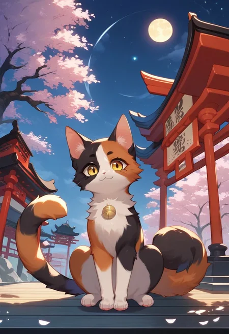 score_9, score_8_up, score_7_up, source anime, 1girl, solo, cute, outside a beautiful japanese shrine, at night, moon in sky, galaxy of stars (((feralcat:1.2))), cute calico cat has calico cat ears, long calico cat tail, no hair, looking at viewer, big eyes, perfect paws, beautiful japanese shrine in background, (((feral calico cat))) (((at night)))