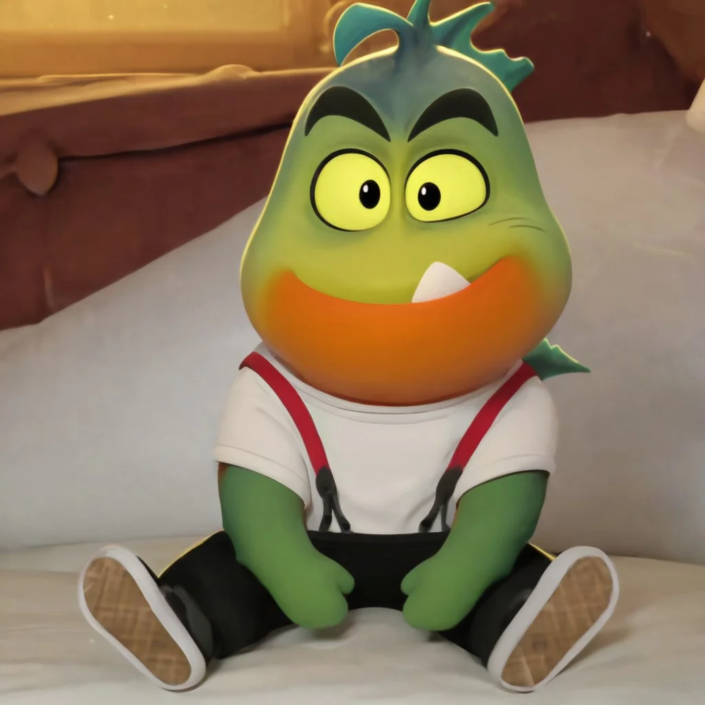mrpiranha, 3d, cgi, male, green orange skin, two tone skin, fins, smirk, thick eyebrows, suspenders, white shirt, black pants, sneakers, best quality, black pupils, closed mouth, cute, shortstack, tooth, yellow sclera, movie accurate, perfect, looking at viewer, bed, sitting on bed, Expressiveh, detailed background, high res, bluray, cinematic, shading, shaded, masterpiece,