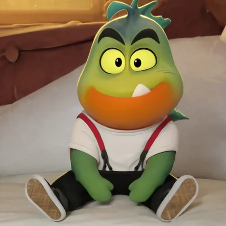 mrpiranha, 3d, cgi, male, green orange skin, two tone skin, fins, smirk, thick eyebrows, suspenders, white shirt, black pants, sneakers, best quality, black pupils, closed mouth, cute, shortstack, tooth, yellow sclera, movie accurate, perfect, looking at viewer, bed, sitting on bed, Expressiveh, detailed background, high res, bluray, cinematic, shading, shaded, masterpiece,