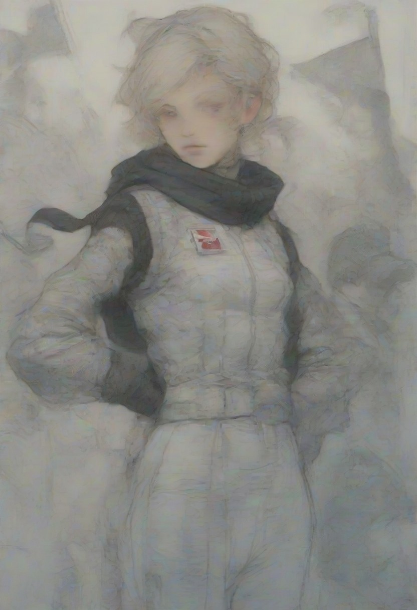 NijiEX style, A young woman with blonde hair and a red bow is dressed in a shiny red and black racing outfit. She poses confidently while holding a checkered flag, exuding a strong and energetic vibe. The background is dark, making her outfit and accessories stand out prominently.