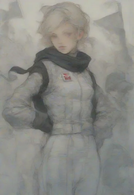 NijiEX style, A young woman with blonde hair and a red bow is dressed in a shiny red and black racing outfit. She poses confidently while holding a checkered flag, exuding a strong and energetic vibe. The background is dark, making her outfit and accessories stand out prominently.