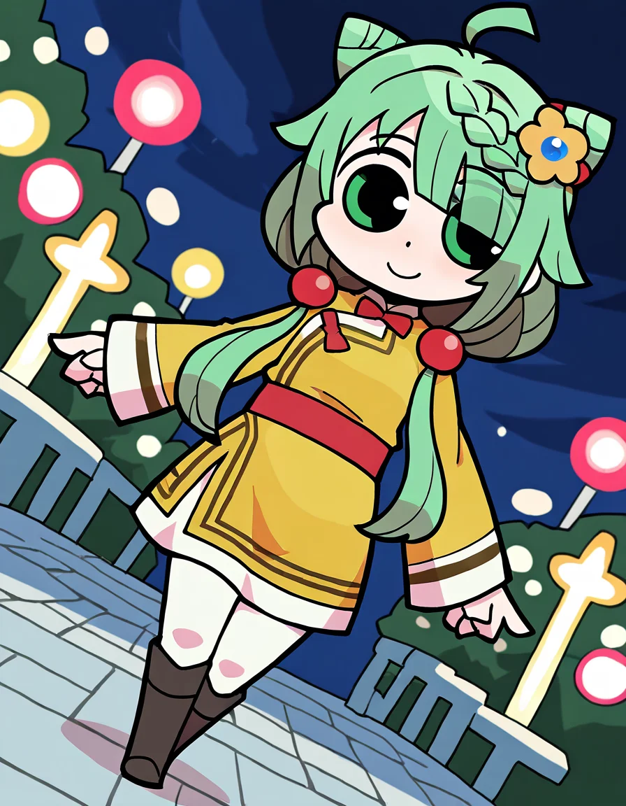 masterpiece, best quality, newest, absurdres, highres, safe, 1girl, heruka \(madoka magica\), magia record: mahou shoujo madoka magica gaiden, papa \(shimeguru\), yellow casual costume, white pantyhose, knee boots, solo, night, outdoors, dutch angle, <lora:heruka_madoka_magica_noobaiXLNAIXL_vPred10Version:0.7>