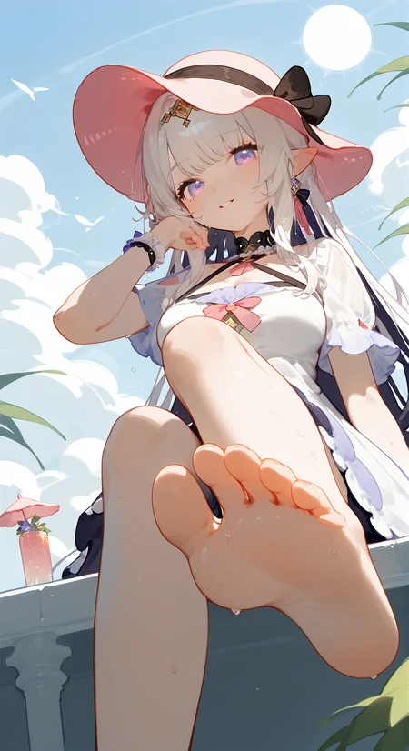 score_9, score_8_up, score_7_up,
<lora:rhea_pony:0.9>, 1girl, rhea_summer, hat, dress,
feet, soles, barefoot, breasts, solo, toes, foot focus, looking at viewer, sitting, sweat, parted lips, outdoors, sky, bangs, day, smile, blush, foreshortening, sun