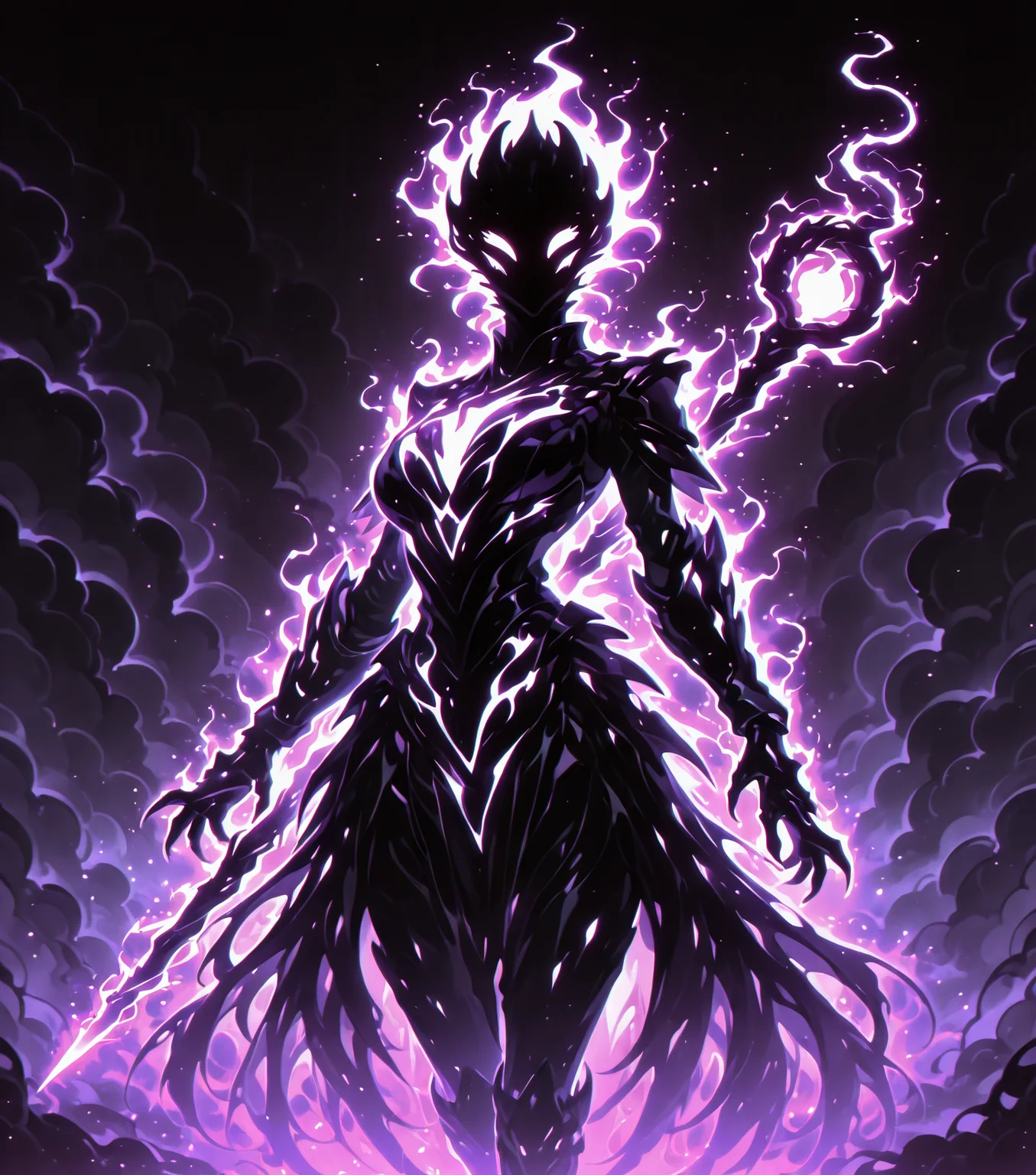 <lora:Shadows_v3_Buns:0.75> sh4d0wv3, black silhouette, solo, colorful aura, Stormcaller, lightning-infused armor, crackling staff, roaring storm clouds, electrified terrain, masterpiece, best quality, amazing quality