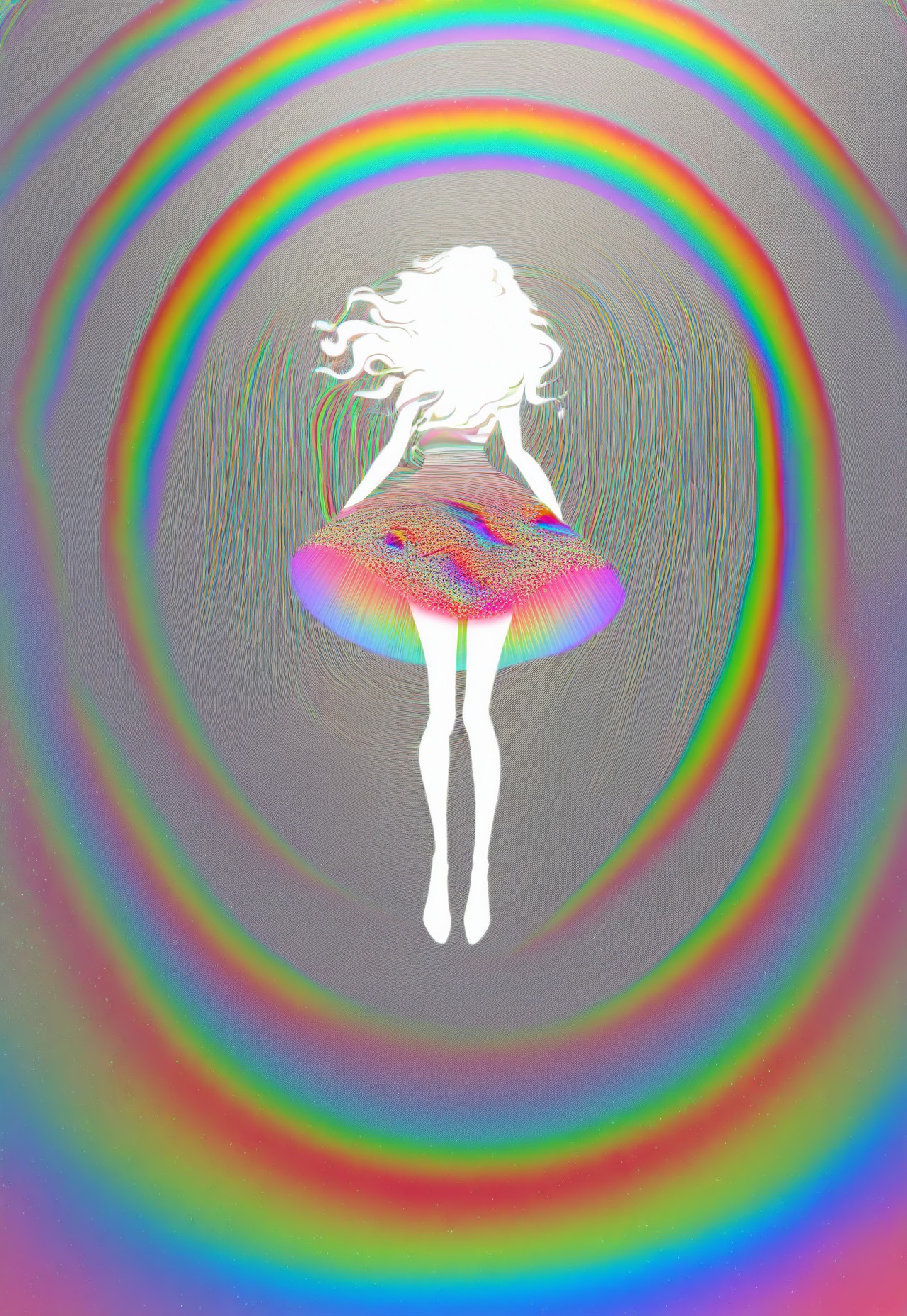 masterpiece, very aesthetic, absurdres, Chr0m1um Style, Chr0m1um Style, 1girl, abstract, solo, rainbow, colorful, tulle skirt, rainbow clothing, comic art style, holographic, embossed, chromium, glitter