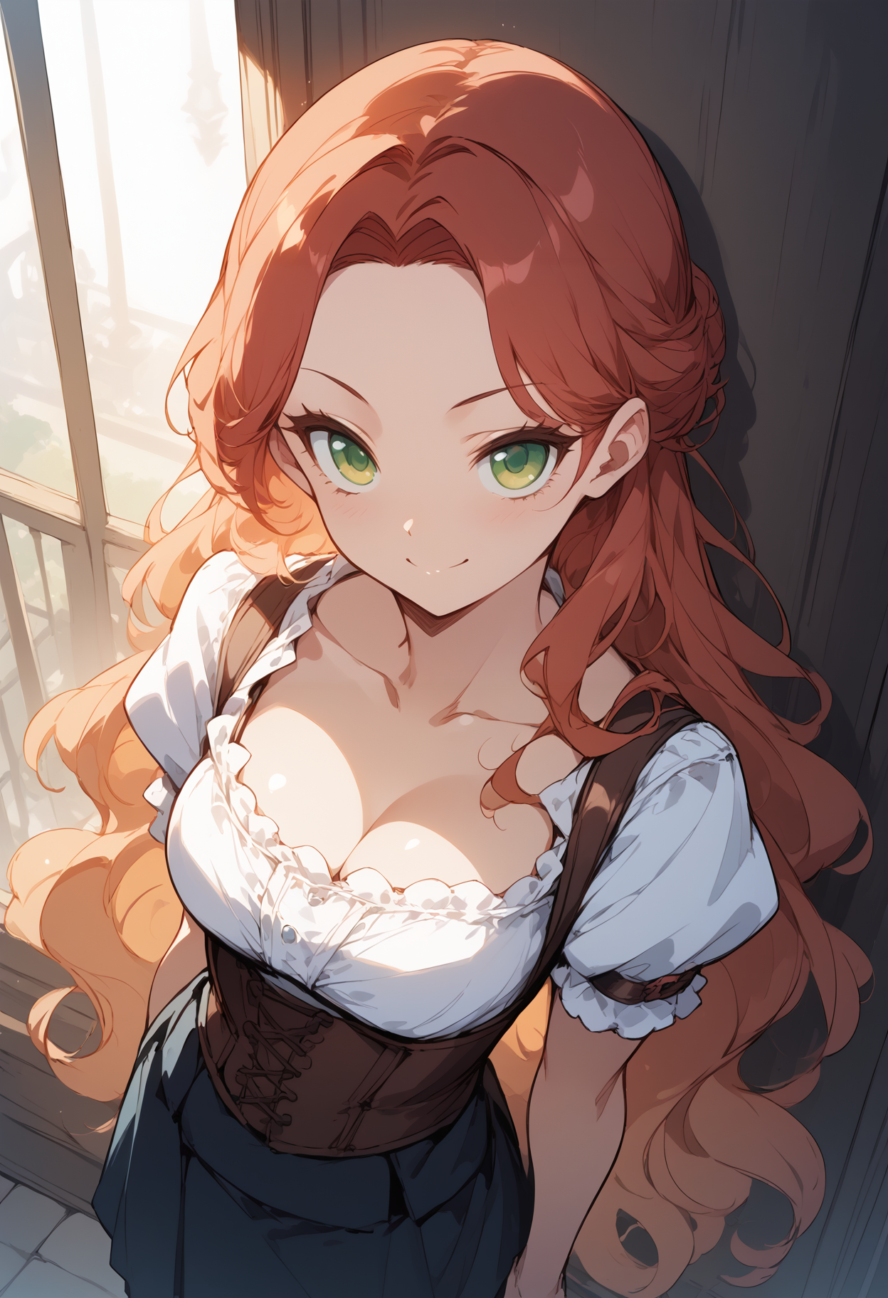 score_9,score_8_up,score_7_up,score_6_up,source_anime,absurdres,
BREAK <lora:Florentia_Lombardi:0.8>,FlorentiaLombardi,1girl,solo,skinny,toned,perfect anatomy,forehead,red hair,very long hair,green eyes,long eyelashes,blouse,pants,short skirt,smile,(fred perry:0.4),Victorian,face_focus,close-up,from_above,