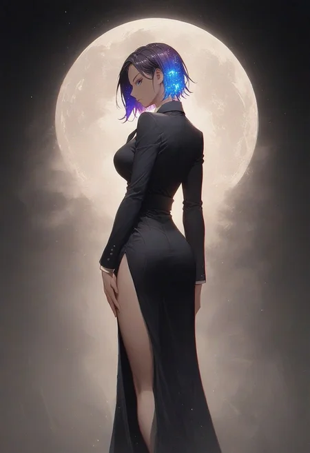Nobara Kugisaki ,score_9, score_8_up, score_7_up, rating_safe,girl,seductive, cool, perfect body,Tilt head,2.5d,ornament,narrow waist,big breasts, cosmic hair ,large breasts,arching back,serious, glowing eyes,Vertical slit pupils,
HI-res,masterpiece,black suit with white shirt and slack,handsome appearance ,black neckties,tomboy ,back view,back,
simple background ,black background