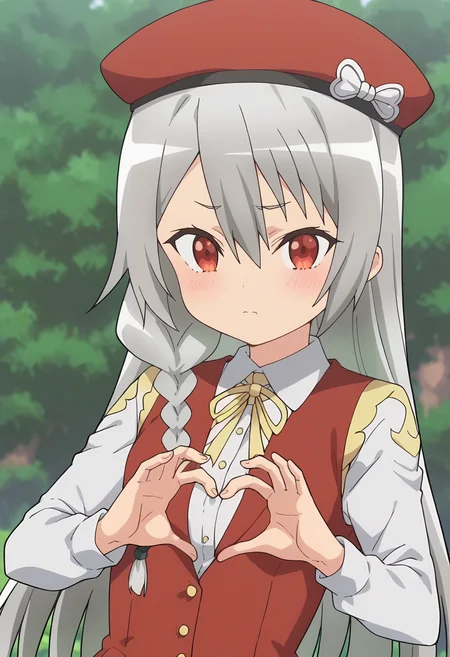 <lora:Maidena:0.9>  maidena, grey hair, long hair, 1girl, red eyes, solo, hair between eyes, braid,    white shirt, red vest, pantyhose,  beret, pleated skirt, shirt, ribbon,  long sleeves, closed mouth, red headwear <lora:_sdxl-boobheart-pony:0.8> boobheart, heart hands,  Press own breast, skindentation , upper body, small breasts, looking at viewer, score_9, score_7_up,anime coloring ,source_anime, anime