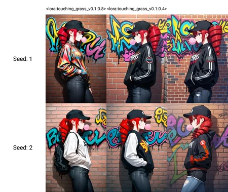 <lora:touching_grass_v0.1:0.8>1girl,solo,red hair,twin drills,baseball cap,expressionless,chewing gum,black shorts,jeans,cowboy shot,from side,hand in pocket,brick wall,colorful,graffiti,masterpiece,best quality,