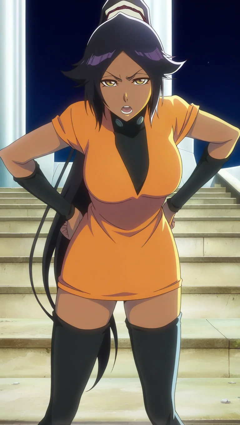source_anime, masterpiece, best quality, amazing quality, anime screencap, high quality, 8k, absurdres, official style, 1girl, solo, looking at viewer, hands on hips, open mouth, <lora:Yoruichi_TYBW_iL:0.9>, y0ru1ch1 sh1h0u1n, yellow eyes, black hair, ponytail, long hair, dark skin, dark-skinned female, cour 2 outfit, orange dress, thigh boots, thighhighs, black thighhighs, zettai ryouiki, no cape, arm warmers,