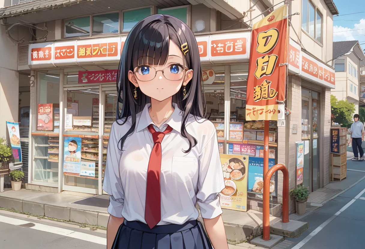 score_9, score_8_up, score_7_up, rating_safe, masterpiece, best quality, absurdres, unity 8k wallpaper, official art, official style, source_anime, uncensored, game cg, megami magazine,
1girl, solo, glasses, black hair, long hair, blue eyes, collared shirt, red necktie, pleated skirt, blue skirt, looking at viewer, blush,
YamazakiDaily, konbini, scenery, storefront, japan, shop, scenery, multiple girls, outdoors, sign, city, storefront, road, street, building, real world location
<lora:yamazakidaily_storefront_PONY_V1:1>