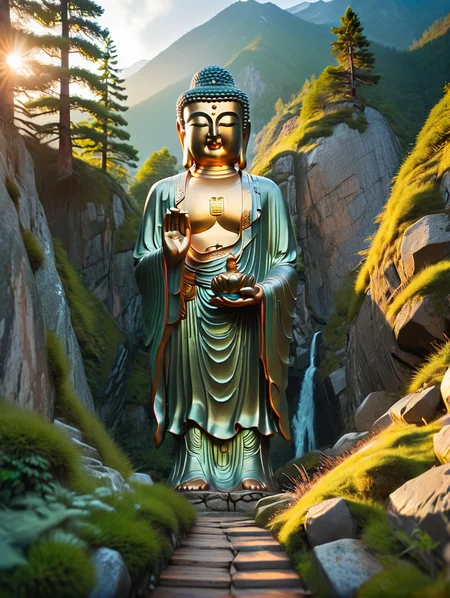 1 standing buddha statue,<lora:SDXLä½åé¿å½éä½-000002:0.8>,, 8K, best quality, blurred, bokeh, depthoffield, filmgrain, glisteningskin, HDR, highres, Kodakportra400, lens flare, masterpiece, photography,   RAW photo, realistic, shar pfocus, ultra detailed, ultra highres, vibrant color, Mountaineering jackets, mountaineering vests, mountaineering clothes, mountaineering shoes, rain boots, mountaineering poles, mountaineering backpacks, mountaineering water bottles, mountaineering hats, headlamps, drawstrings. Steep uphill and downhill terrains, mountain trails, mountaineering trails, mountain trails in the forest, Alpine grasslands, rocks, mountain streams, primitive mountain trails, mossy boulders, mountaintop panoramas, pedestrian wooden bridges, winding paths, high-altitude landscapes, alpine lakes, clear mountain springs, distant sunrises, quiet sunsets, fir and pine trees, and waterfalls.