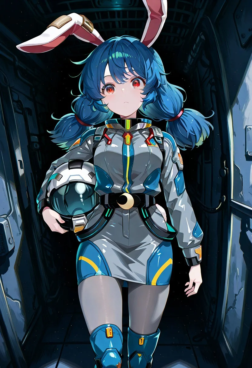 solo, 1girl, seiran, red eyes, blue hair, long hair, low twintails, rabbit ears, rabbit tail, seiran \(thought investigator of the capital\), alternate costume, earclip, crescent, spacesuit, grey suit, long sleeves, belt, grey skirt, pencil skirt, grey pantyhose, blue boots, holding helmet,
masterpiece,
