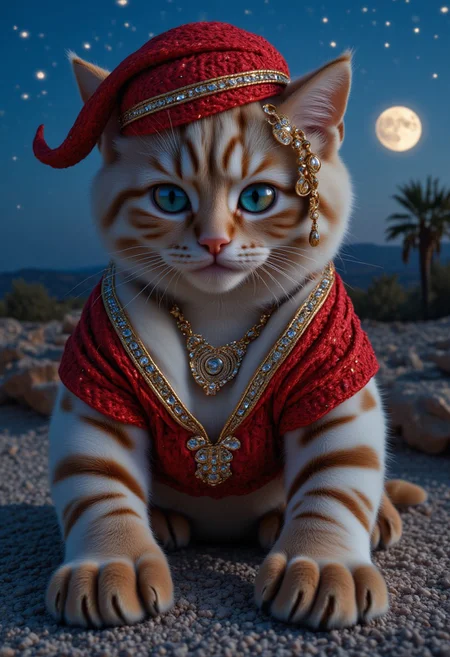 Only red blue and gold hues, a cowboy riding a giant kitten with golden claws and a diamond necklace shaped like the text "king of all felines", the kutten has giant innocent eyes reflecting the moon at night, the background is a desert with palk trees and a dusk sky filled with diamonds and stars