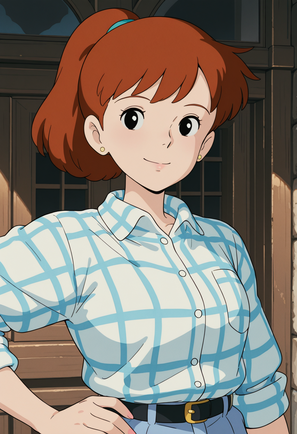 masterpiece, best quality, very aesthetic, absurdres, 1girl, solo,
<lora:fio_piccolo_v01:0.8>, fio_piccolo, fio_casual, brown hair, ponytail, black eyes,
stud earrings, plaid shirt, sleeves rolled up, breast pocket, shirt tucked in, black belt, smile, posing, upper body