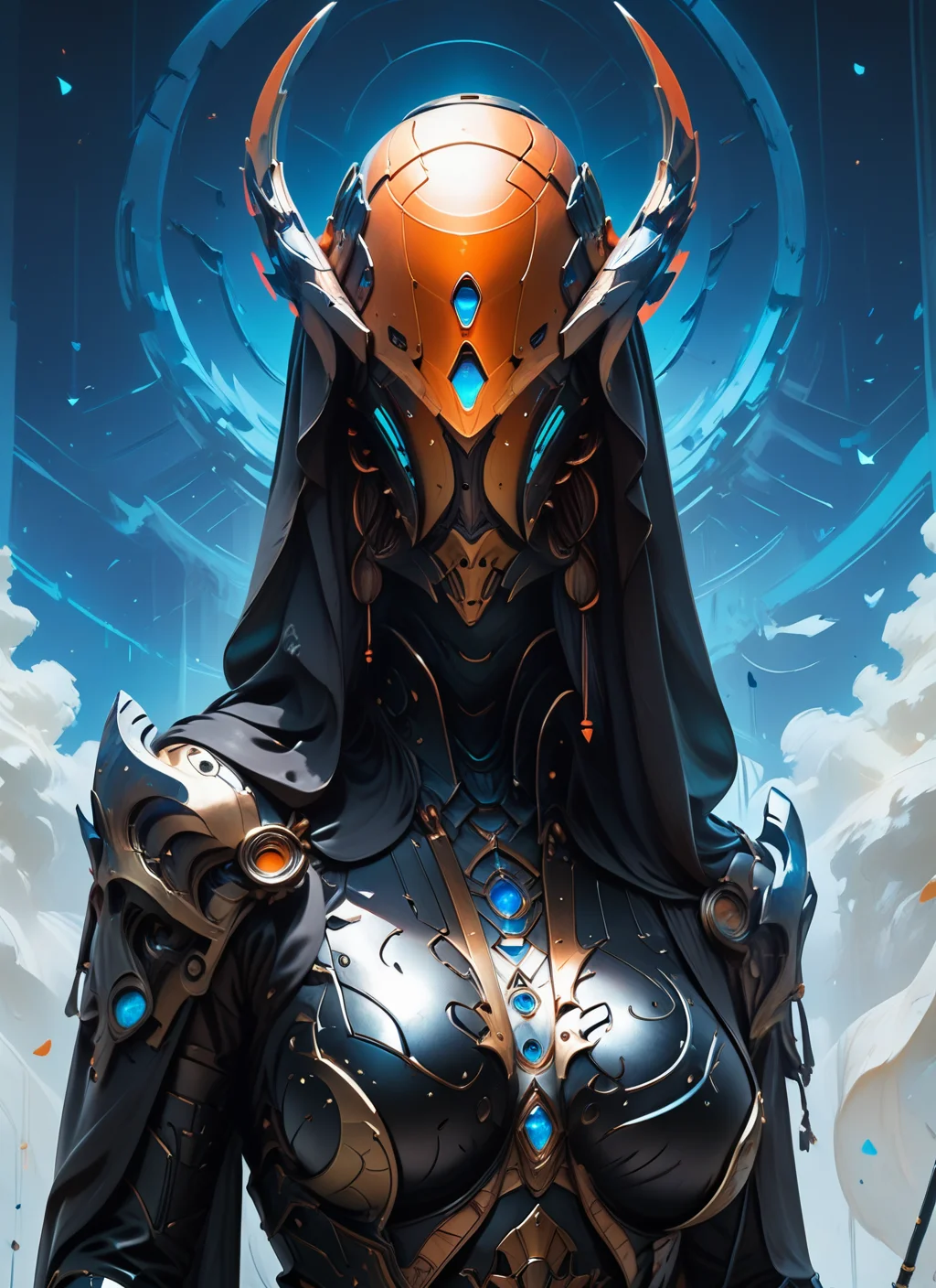 score_9, score_8_up, score_7_up, highly detailed, realistic, girl, large breasts, robes, black armor, helmet, mcnm, standing, radiant blue sky, rating_questionable, BREAK best quality, masterpiece, e621, digital_art <lora:Mechanism-pdxl-1:1>