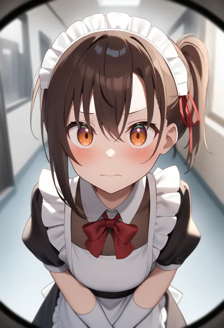 1girl,sincos, ningen mame, toosaka asagi,solo,medium breasts,20yo,maid,maid headdress,
peephole,fisheye lens,<lora:peephole_XL_v1:0.8>
from above, panorama shot, looking up, brown hair, golden eyes,panicking, corridor, closed mouth, short ponytail hair,,
best quality, very aesthetic, absurdres