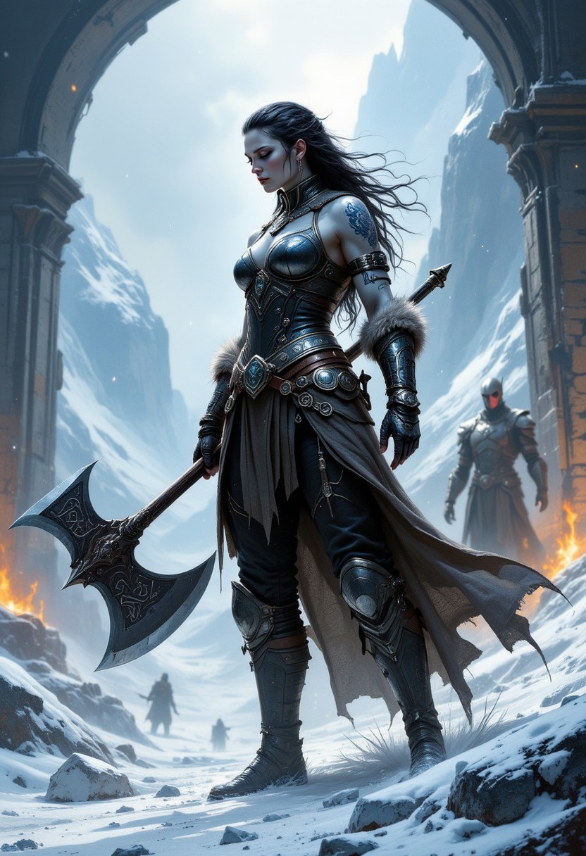 A tall, muscular human woman, 185cm, with pale skin touched by frost, raven black hair in long braids interwoven with silver threads, and piercing ice blue eyes. Her strong, angular face is marked by battle scars, and intricate frost patterns are tattooed across her back. She wears a thick, fur-lined leather jerkin, durable leather trousers reinforced with metal plates, heavy fur-lined boots, and fur gauntlets. A scarred great axe with runic carvings is strapped to her back, and a frost-etched amulet hangs around her neck.  She stands in a powerful stance, her great axe gripped firmly in her right hand, ready to deliver a 'Shattering Blow'.  She is training recruits within The Frozen Fortress, a military outpost high in the Frostfang Mountains. The fortress is built into the icy cliff face, with jagged peaks and swirling snow visible through arrow slits.  The interior is rugged and functional, lit by flickering torches casting long shadows across stone walls and training dummies.  A chilling wind whistles through cracks in the stone, adding an atmosphere of relentless cold and constant vigilance.