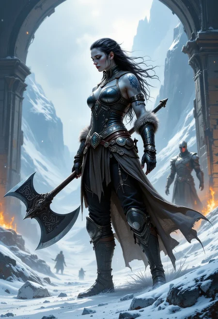 A tall, muscular human woman, 185cm, with pale skin touched by frost, raven black hair in long braids interwoven with silver threads, and piercing ice blue eyes. Her strong, angular face is marked by battle scars, and intricate frost patterns are tattooed across her back. She wears a thick, fur-lined leather jerkin, durable leather trousers reinforced with metal plates, heavy fur-lined boots, and fur gauntlets. A scarred great axe with runic carvings is strapped to her back, and a frost-etched amulet hangs around her neck. She stands in a powerful stance, her great axe gripped firmly in her right hand, ready to deliver a 'Shattering Blow'. She is training recruits within The Frozen Fortress, a military outpost high in the Frostfang Mountains. The fortress is built into the icy cliff face, with jagged peaks and swirling snow visible through arrow slits. The interior is rugged and functional, lit by flickering torches casting long shadows across stone walls and training dummies. A chilling wind whistles through cracks in the stone, adding an atmosphere of relentless cold and constant vigilance.