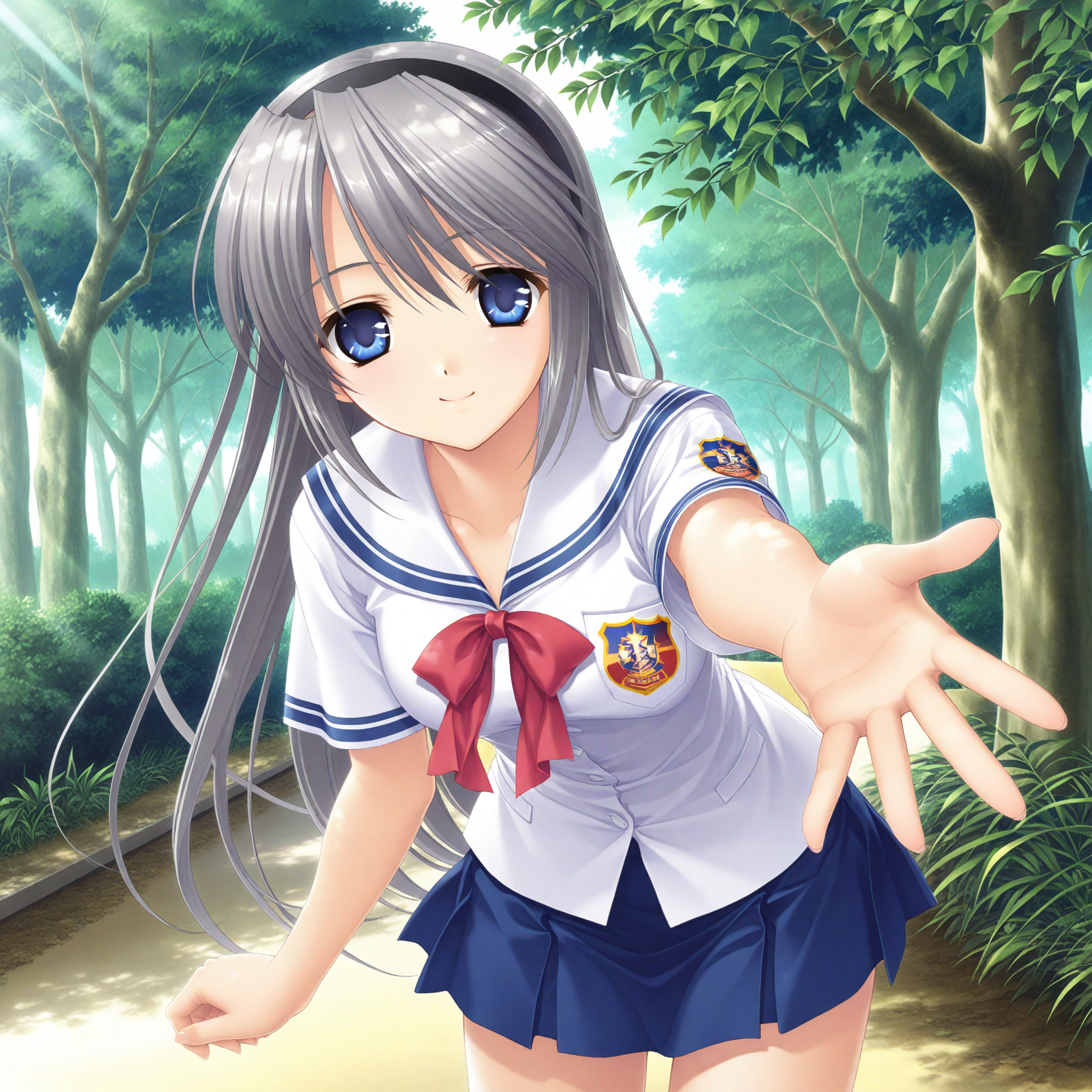 <lora:Sakagami_Tomoyo_1_nai-000028:1>,official art,Sakagami Tomoyo,hairband,
hikarizaka private high school uniform,school uniform,serafuku,sailor collar,short sleeves,miniskirt,red bow,emblem,blue stripes,white shirt,
1girl,solo,smile,spring,tree,ramp,reaching towards viewer,